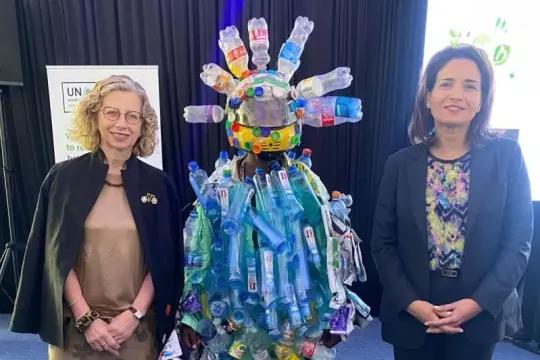 Inger Andersen, director of the UN Environment Programme, and Leila Benali, UNEA-6 president, with the plastic monster