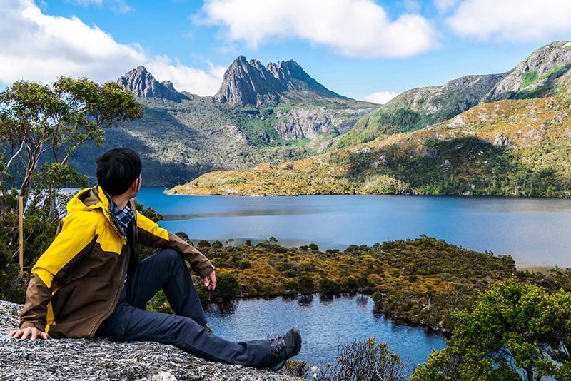 Young man trekking in Tasmania, Australia