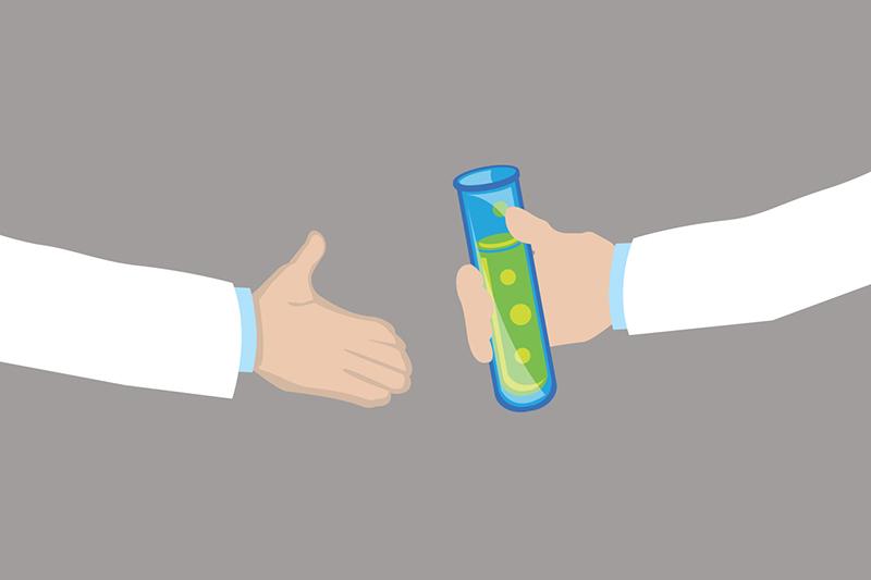 Illustration of scientists passing test tube