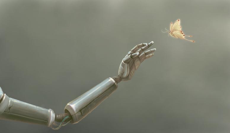 A robot hand reaches out to a butterfly