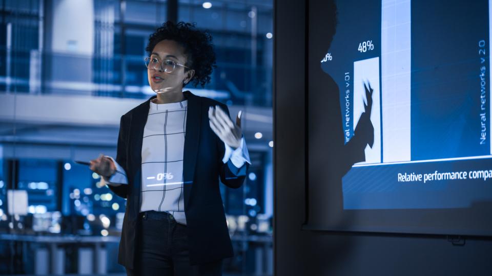 A student delivering a presentation