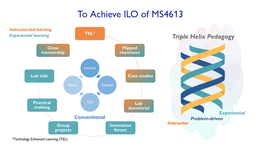 The Triple Helix pedagogical framework transforms conventional teaching elements through Technology Enhanced Learning (TEL), integrating instructor-led learning, experiential learning, and problem-driven approaches