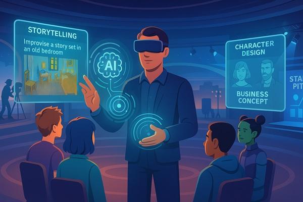 A futuristic digital classroom in the metaverse where students, represented as diverse avatars, engage in an interactive lesson. A teacher, using holographic AI tools, guides them through immersive learning experiences. Floating virtual screens display storytelling prompts, character designs, and business concepts. The background features a blend of virtual reality elements