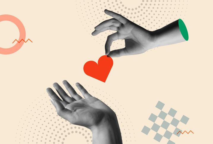 An illustration of a heart passing from one hand to another