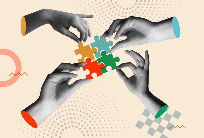 An illustration of hands putting together a jigsaw puzzle