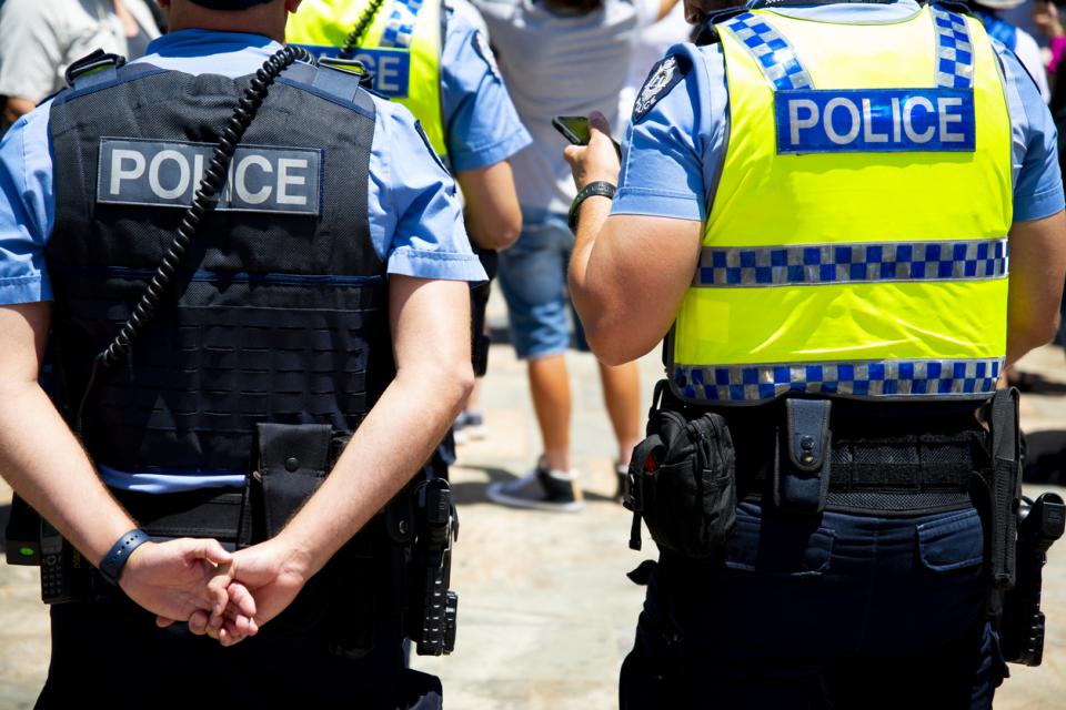 Two police officers from behind