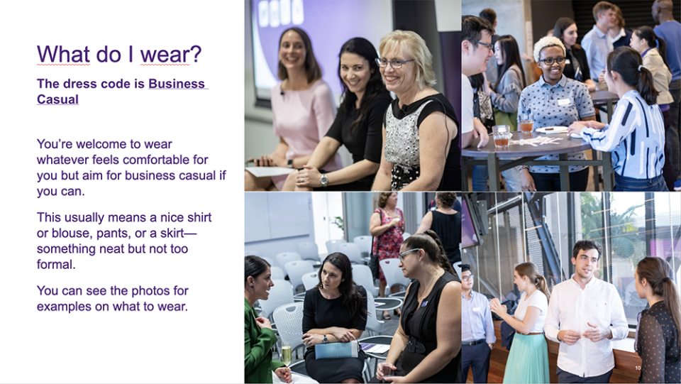 Social story slide example showing guidance for what to wear to an event