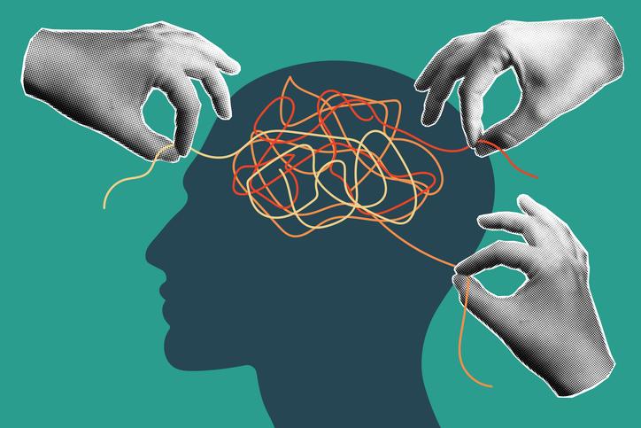 An illustration of hands untangling threads in someone's head