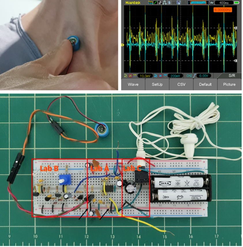 Composite of three images showing self-measurement of the user’s heartbeat using the completed analog stethoscope