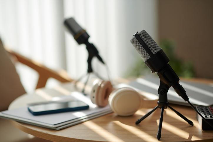 Microphones sit on a table