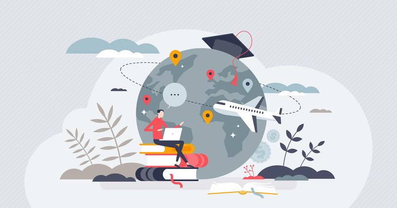 An illustration of a mortarbord balanced on a globe 