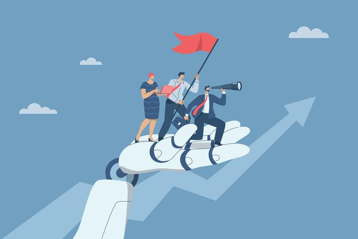 An illustration of a team held aloft by a robot hand