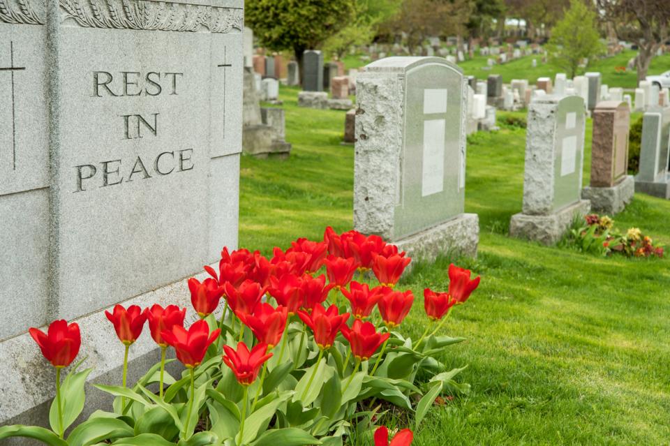 A tombstone in a graveyard with the words "rest in peace" carved into it