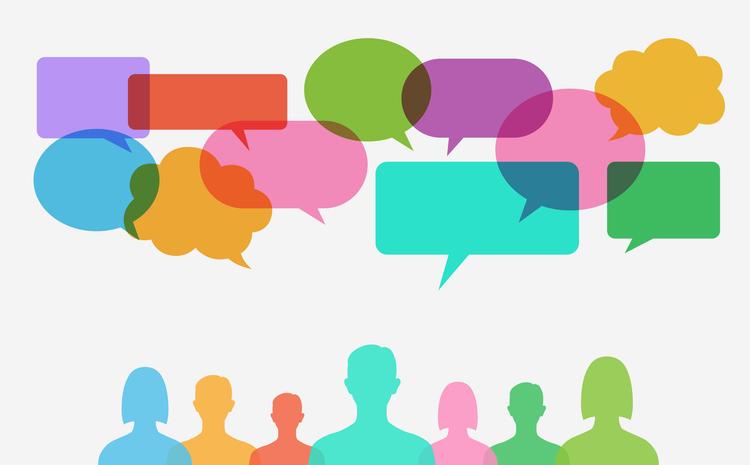 Brightly-coloured speech bubbles and avatars