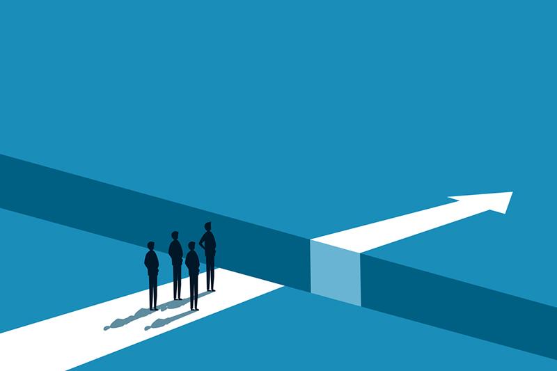 Illustration of figures looking at barrier and arrow