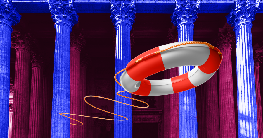 A life ring flotation device being thrown in the air against a backdrop of column-flanked neoclassical building