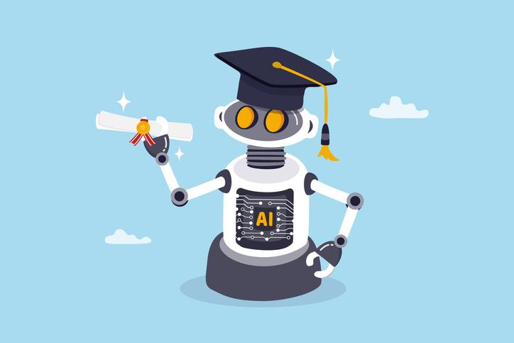 A robot in a mortarboard poses with a diploma 