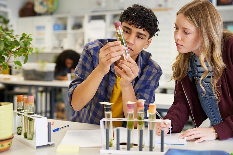Young male and female high school students in a chemistry lab