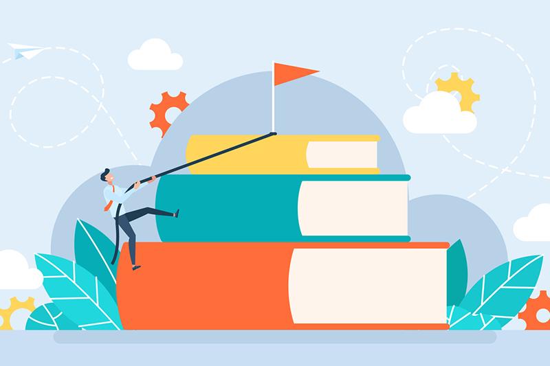 Illustration of man climbing a mountain of books