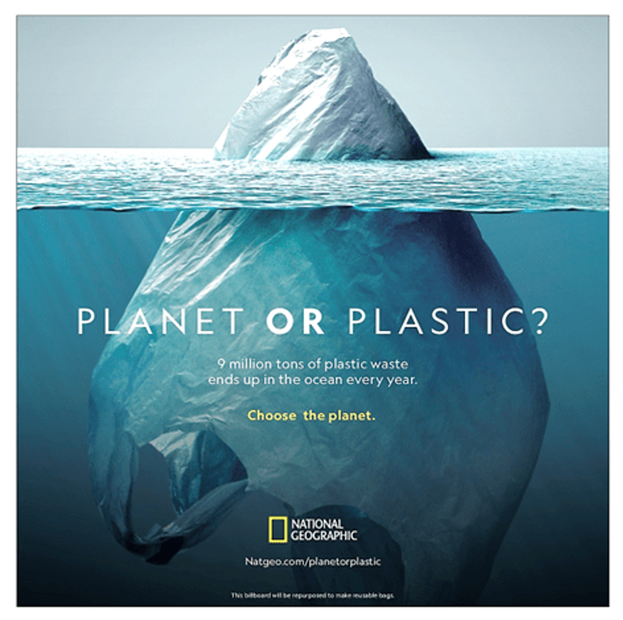 Cover of National Geographic magazine featuring a plastic bag representing an iceberg and the coverline 'Planet or Plastic?'