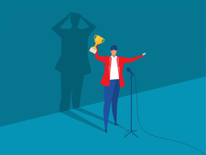 An illustration of a man celebrating an achievement while his shadow despairs behind him