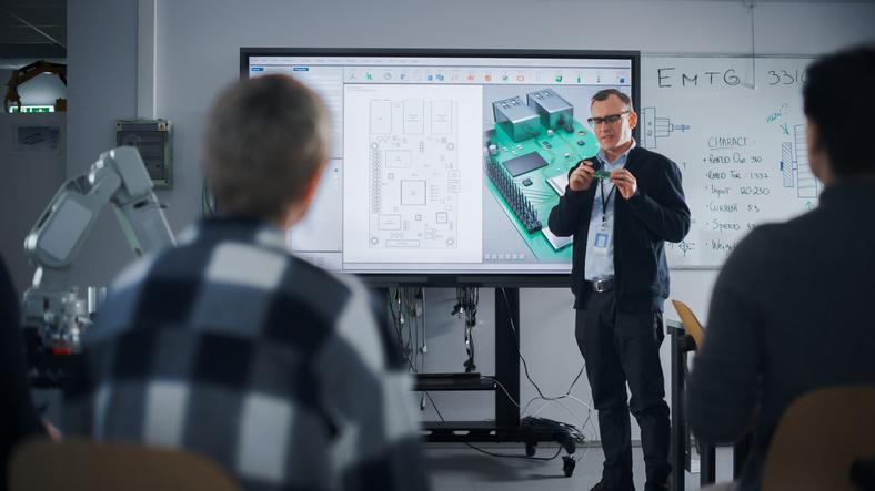 A teacher explains a circuit board to a class