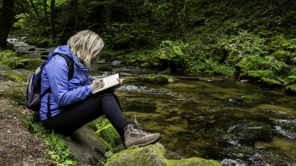 A student on a field trip in the forest taking notes 