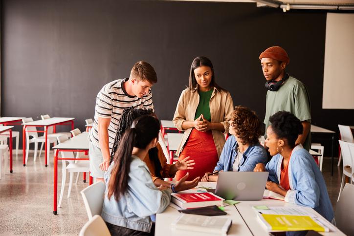 Students work together in a classroom