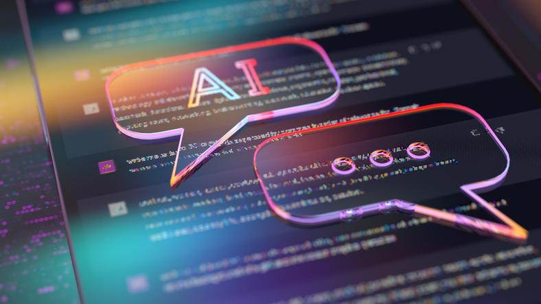 "AI" and "..." in speech bubbles superimposed over a chatroom webpage