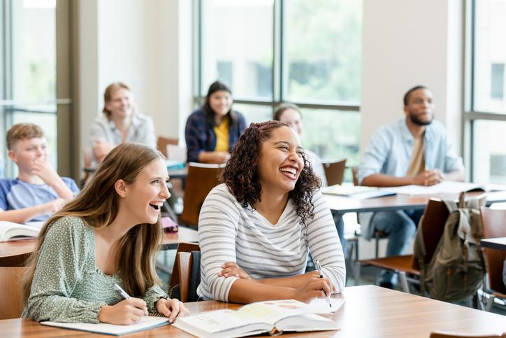 Students laugh in a classroom