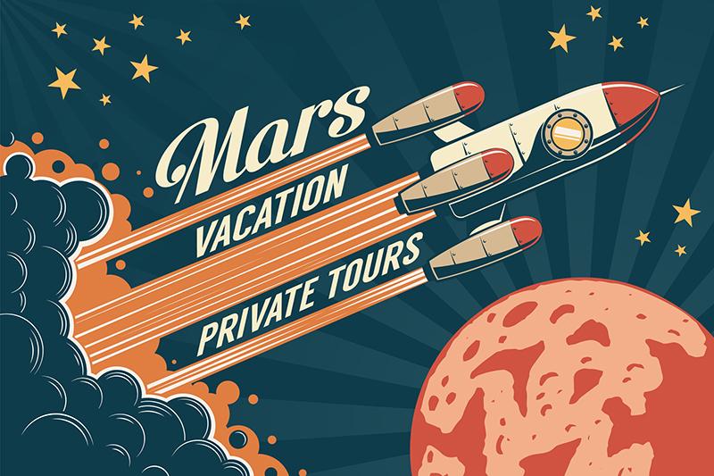 Retro style poster for space tours to Mars