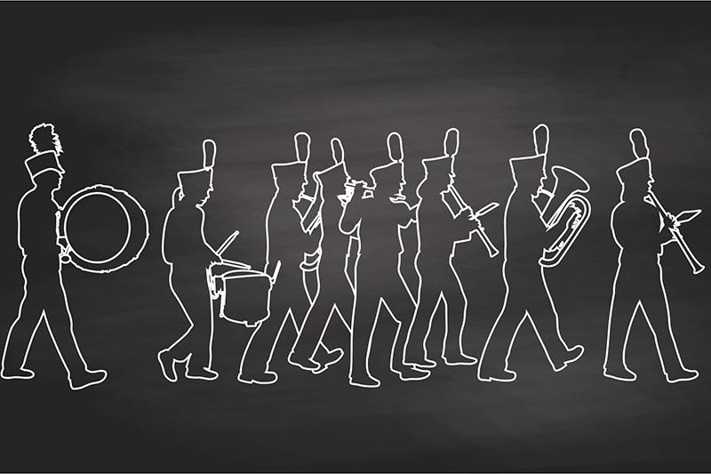 Outline of marching band as if in chalk on a blackboard