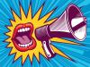 Megaphone shouting. Researchers at universities must overcome the struggle with self-promotion