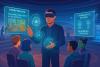 A futuristic digital classroom in the metaverse where students, represented as diverse avatars, engage in an interactive lesson. A teacher, using holographic AI tools, guides them through immersive learning experiences. Floating virtual screens display storytelling prompts, character designs, and business concepts. The background features a blend of virtual reality elements