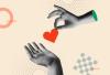 An illustration of a heart passing from one hand to another