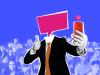 A headless person wearing a suit with a speech bubble for a head holding a phone