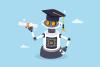 A robot in a mortarboard poses with a diploma 