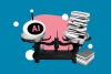 A pair of scales showing a balance between a pile of books and an AI bot