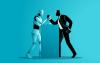 A robot and a man in a business suit arm wrestle